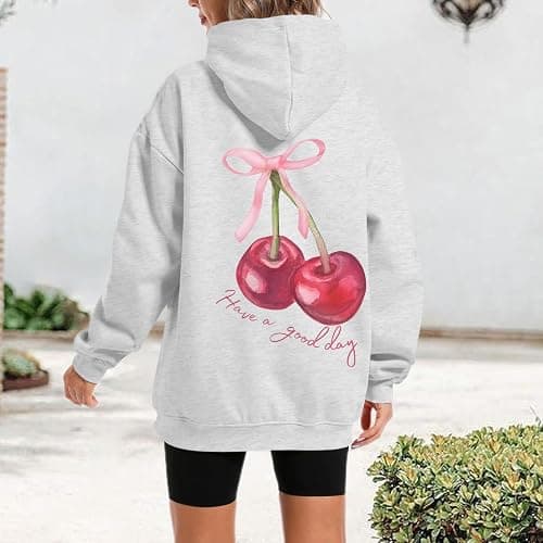 Tuislay Womens Cute Cherry Graphic Hoodie Ribbon Bow Printed Sweatshirt Drop Shoulder Aesthetic Pullover Hoodies With Pocket thumbnail 2