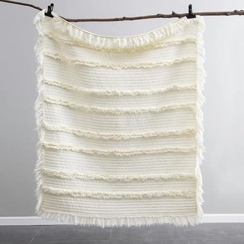 Ultra Soft Pre-Washed Quilted Boho Cream Twin Size Blankets for Bed, Ruffle Fringed Decorative Throw, Stone Washed Chic Rustic Blanket for Sofa Couch Bed, 60"*80" thumbnail 7
