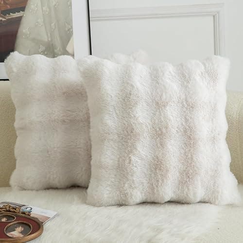 Mandioo Lot de 2 Housses de Coussin Décoratives en Laine Épaisse et Doudou Super Douces Vague Bulle Fourrure Veloutée Taies pour Canapé Lit Salon 60x60 cm Blanc Crème​ - Image 1
