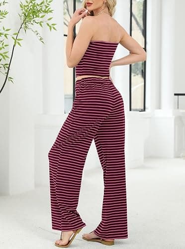 UNCOOYEE Two Piece Sets For Women Summer Outfits Lounge Sets Striped Tube Top And Pants Matching Sets Beach Vacation Travel thumbnail 3