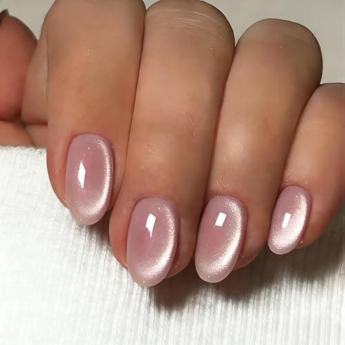 JOYVVEW Cat Eye Press on Nails Short - Glitter Ombre Pink Press On Nails Oval, Chrome Fake Nails with Shimmer Finish, Sturdy Quality, Reusable Almond Stick On Nails for Women, 30 Pcs 15 Sizes thumbnail 2