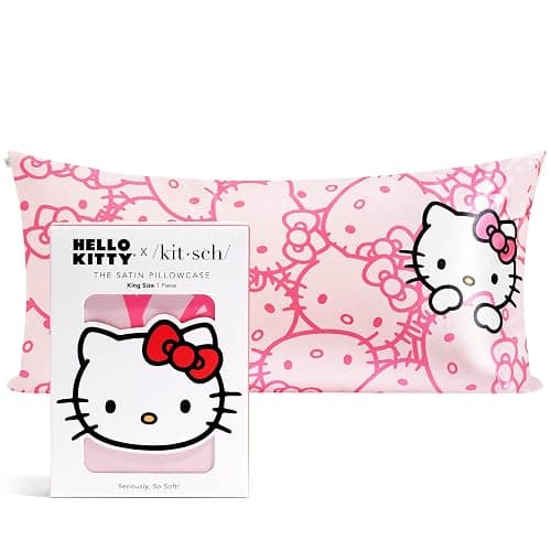 Kitsch x Hello Kitty Satin Pillowcase with Zipper – Smooth, Cooling & Better Than Silk Pillowcase for Hair & Skin – Kids Pillow case King Size (19x36) - Pink Kitty Faces - Image 1