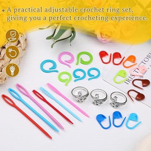 Yizzvb 3 Pcs Crochet Ring+30Pcs Stitch Markers, 6 Large Eye Blunt Needles, Adjustable Tension Rings for Finger Yarn, Knitting & Crochet Accessories Set for DIY Crafts,Crocheters Knitters thumbnail 3
