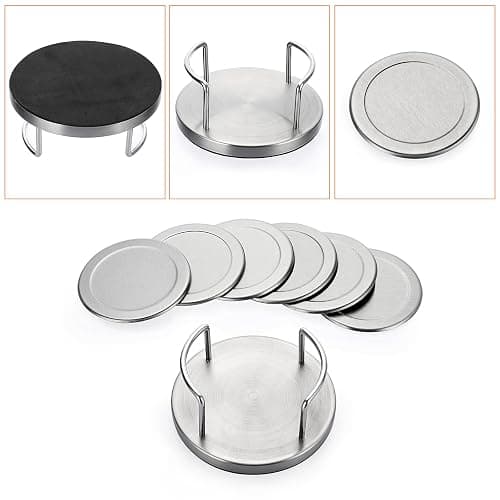 JUXYES Set of 6 Stainless Steel Round Coasters with Holder & Sponge Bottom, Silver Metal Cup Coasters Set Stunning Cool Coaster Cups Mats Decor for Restaurant Kitchen bar Dining Table thumbnail 5