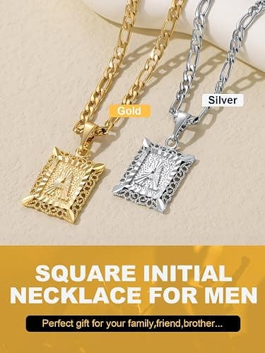 U7 Initial Letter Necklace for Men Women, 14K Gold/Silver Plated Square Capital Monogram Pendant Necklace from A-Z with 22+2 Inch Figaro Chain, Personalized Jewelry for Him thumbnail 5