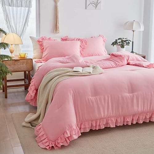 Pink Ruffled Comforter Set Twin Size, 3 Pieces (1 Ruffled Comforter and 2 Pillowcases) Farmhouse Shabby Chic Style with 2 Layers Ruffle, Solid Color Lightweight Soft Fluffy Bedding Sets for Girls - Pink - Twin (1 Comforter + 2 Pillow Shams) thumbnail 6