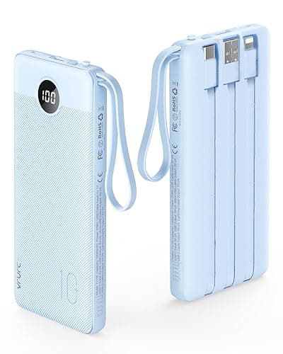 VRURC 10000mAh Power Bank Built-in Cables, Portable Charger with LED Display, Slim Travel Battery Pack with Cords, 5 Output Dual Input Phone Charger for Cell Phone Smart Devcies-Blue(1 Pack) - Blue