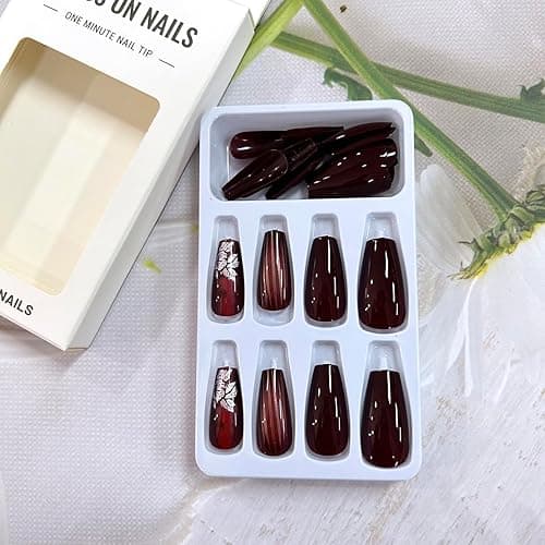 Red Press on Nails Medium Ballet Shaped Flower Fake Nails Stripe Design Coffin Nails Full Cover Acrylic Nails Artificial Stick on Nails Reusable Glossy Glue on Nails for Women Acrylic Nails Set 24Pcs thumbnail 5