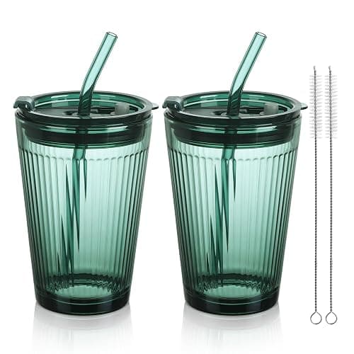 Joeyan Glass Tumbler with Straw and Lid,Green Glasses Water Cup with Straw,Colored Glass Drinking Jars for Juice Beverages Iced Coffee Tea Smoothie Soda Milk,15 oz,Set of 2,Dishwasher Safe - Image 1