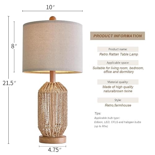 OYEARS 21" Boho Table Lamp for Living Room, Bedside Lamp for Nightstands, Rattan Lamp for Bedroom, Farmhouse Table Lamp for Room Decor, End Table, Retro, Brown, 1 Pack thumbnail 7
