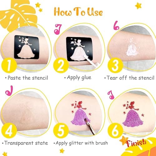 Temporary Glitter Tattoo Kids, Eleanore's Diary 31 Glitter Colors,165 Unique Stencils,2 Glue,4 Brushes,Adults & Kids Arts Glitter Make Up Kit, Gifts for Girls Boys Birthday Party Summer Festival thumbnail 6