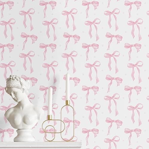 MotiMind Pink Bow Wallpaper 15.75 x 197 Inch Cute Pink Girly Wallpaper Coquette Trendy Preppy Peel and Stick Wall Paper Aesthetic Adhesive Removable Elegant Room Decor for Bedroom Room Cabinets - Image 1