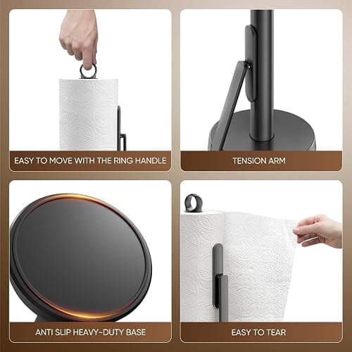theaoo Heavy-Duty Stainless Steel Paper Towel Holder with Tension Arm – Easy One-Handed Tear, Modern Standing Countertop Dispenser for Kitchen, Holds All Paper Towel Rolls (1, Black) thumbnail 6