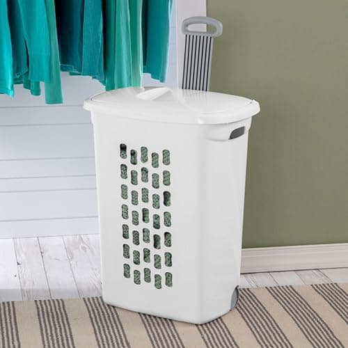 Sterilite 3-Pack Ultra Wheeled Hamper, Laundry Basket w/ Flip-Top Lid & Retractable Handle - Plastic Rolling Clothes Storage Cart with Ventilated Holes for Home, Apartment or Dorm thumbnail 2