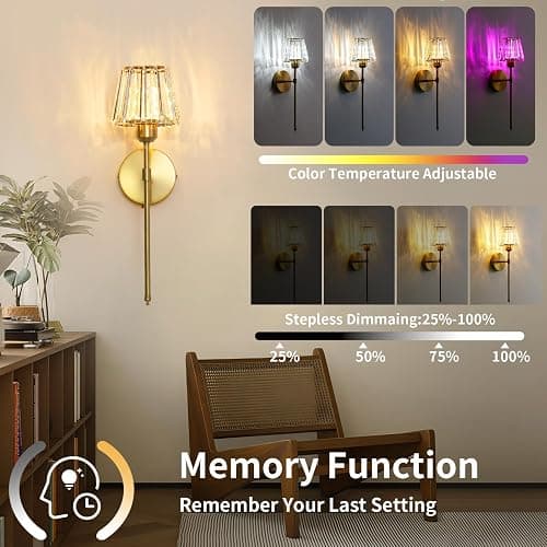 Battery Operated Crystal Wall Sconce Set of 2, Gold Rechargeable Wireless Wall Sconces with Remote Dimmable 12 Colors Modes Led Wall Lights, Wall Lamp for Bedroom Living Room Hallway, 2 Bulbs Included thumbnail 4