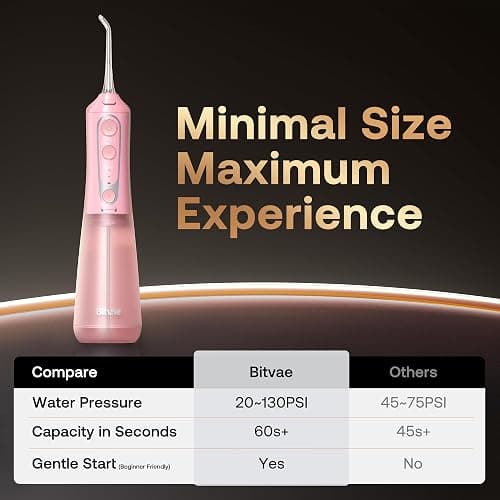 Bitvae C6 Water Dental Flosser Teeth Picks, Portable Cordless Oral Irrigator, IPX7 Waterproof Braces Flossers Cleaner, 5 intensities 6 Jet Tips, Rechargeable Water Dental Picks for Cleaning, Pink thumbnail 3