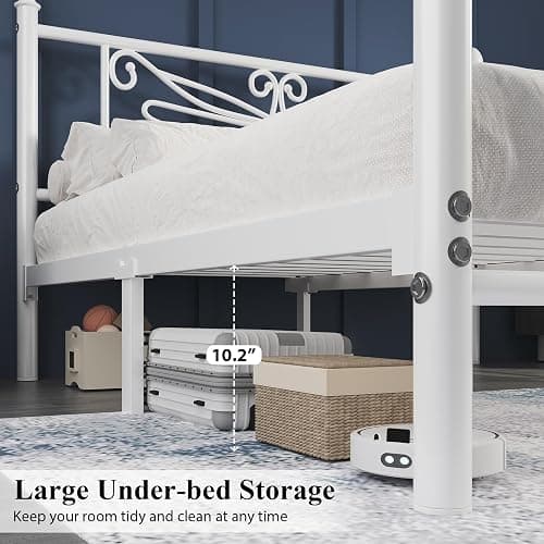 E-Ser Queen Size Bed Frame, Metal Platform Bed Frame with Dragonfly Pattern Headboard and Footboard, Strong Metal Slats Support, No Box Spring Needed, Easy Assembly, Noise-Free, White thumbnail 4