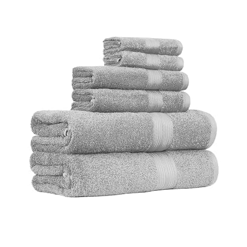 Amazon Basics 6 Piece Oversized Fade resistant Towel set, 100% Cotton towels for bathroom, soft and absorbent, 2 Bath Towels, 2 Hand Towels and 2 Washcloths bathroom towel set, Gray - Image 1