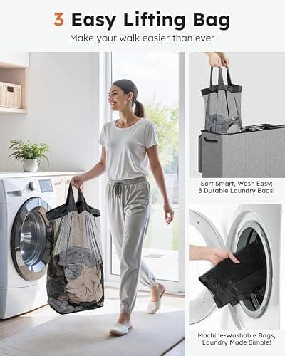 SOLEDI 180L Laundry Hamper 3 Section, Extra Large Laundry Hamper with Lid, Dirty Clothes Hamper with Sturdy Handle, Large Laundry Basket Organizer for Laundry Room, Bedroom, Hampers for Laundry thumbnail 5