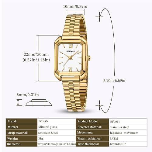 BOFAN Square Small Gold Watches for Women Easy Read Ladies Quartz Wrist Watch with Stainless Steel Expansion Band,Water Resistant. thumbnail 4
