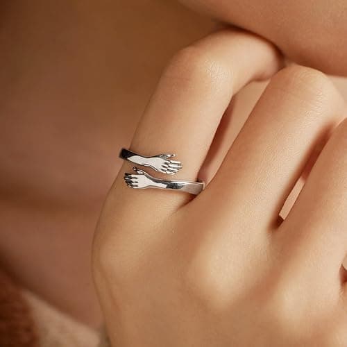 LOVECOM S925 Sterling Silver Hug Rings for Women Adjustable Hugging Hands Open Ring for Men Promise Rings Jewelry Birthday Mothers Day Gifts for Dad Mom Wife Daughters Grandma Best Friend thumbnail 6