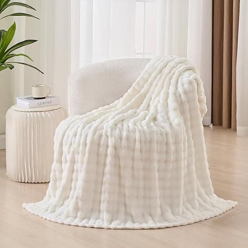 3D Bubble Plush Blanket Textured Fleece Throw Soft Warm Cozy Blanket Couch Bed Throw Snow White 50x60 Inches thumbnail 2