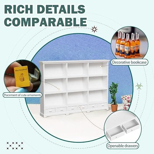 XYMTOY 1:12 Dollhouse Bookshelf Openable Drawers White | 1:12 Scale Design, Operable Drawers, Sturdy Premium Material, Versatile Room Decor, Ideal Gift for Kids thumbnail 6