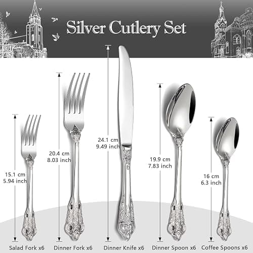 BEWOS 30 Stück Silber Palast Besteck Set, Hochwertig Edelstahl Besteck, Geprägte Design-Griffe, Bankett Essbesteck, Atemberaubend Poliert & als Geschenk Verpackt, Spülmaschinenfest thumbnail 3