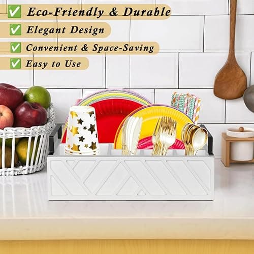 Ihdāt Paper Plate Dispenser, Paper Plate Holder for Kitchen Counter, Wood Rustic Silverware Utensil Caddy, Flatware Organizer with 6 Compartments- Plate Caddy for Picnic and Kitchen (White) thumbnail 4