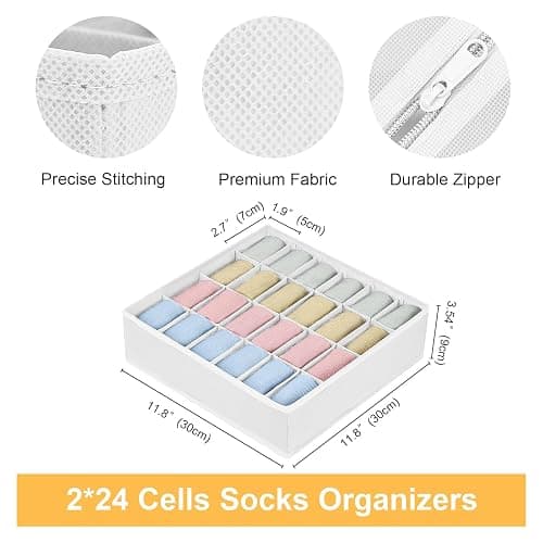 DIMJ Sock Organizer - Drawer Organiser & Closet Organiser - 2 Pack - 48 Cells - Collapsible Storage, Holders for Socks, Ties, Belts (White) thumbnail 2