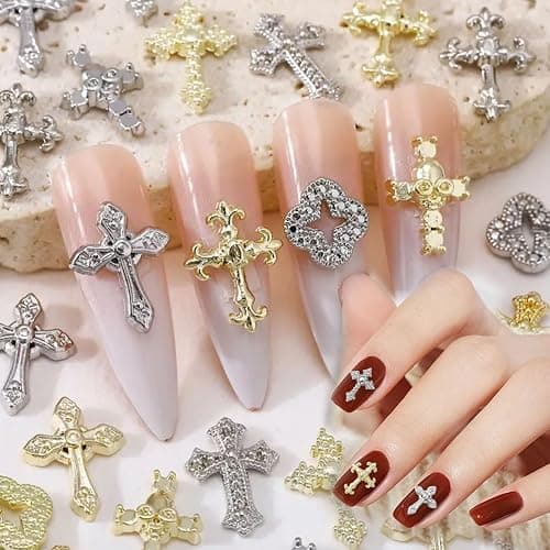 60 Pcs Kreuz Nagel Charms für Nagelkunst, 3D Metall Kristall Kreuz Nagel Dekorationen, Legierung Nagel Nieten und Strasssteine für Frauen Mädchen DIY Schmuck Handwerk Zubehör (B-Silber) thumbnail 2