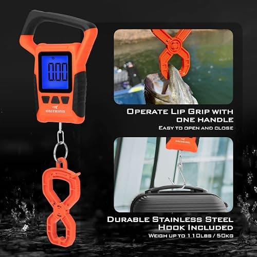 KastKing Fish Scale, WideView Floating Waterproof Digital Scale, 2.5” Large LCD Display, 110lb Capacity, Multi-Mode Pound/Ounces & Kilograms, Stores up to 9 Weights, Fishing Gifts for Men thumbnail 7