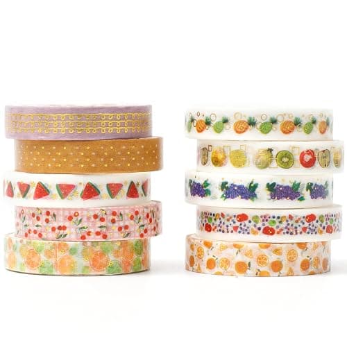 YUBBAEX 10 Rolls Sparkling Washi Tape Set 8mm Skinny Gold/Silver Foil Decorative Masking Washi Tapes for Bullet Journal,Scrapbook, Planner, DIY Crafts (Various Fruits) thumbnail 2