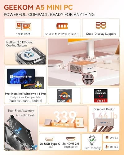 GEEKOM A5 Mini PC with AMD Ryzen 5 7430U, 3-Year Coverage, 16GB RAM(Upgradable, Not LPDDR)&512GB M.2 NVMe SSD, Windows 11 Pro Desktop Computer Support 8K/Wi-Fi 6/BT 5.2/USB 3.2/SD Slot/6x USB thumbnail 2