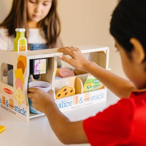 Melissa & Doug Slice-Stack-Serve, Wooden Sandwich Counter Pretend Play Store with Play Food Toys, Play Money & Deli Slicer, Preschool Toys for Kids 3+ thumbnail 6