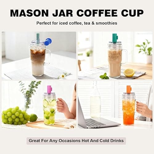 Bamboo Mason Leakproof Mason Jar Cups with Lids and Straws, 24oz Glass Tumbler with Handle, Leak-Proof Rotating Lid & Silicone Straw, Reusable Iced Coffee & Matcha Cup Set Coffee Gifts for Women -2pc thumbnail 5