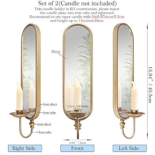 Set of 2 Vintage Gold Iron Candle Sconce and Mirror, Rustic Metal Wall Candle Holders for Pillar Candles Wall,Living Room, Bathroom, Dining Room(Size:3.94x15.94x3.9inches) thumbnail 6