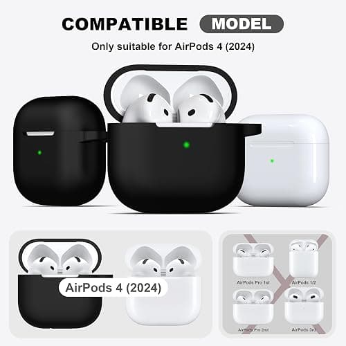 R-fun for AirPods 4 Case Silicone Cover, Black | Compatible with Apple AirPods 4th Generation with Keychain & Cleaner Kit, Wireless Charging Compatible thumbnail 4