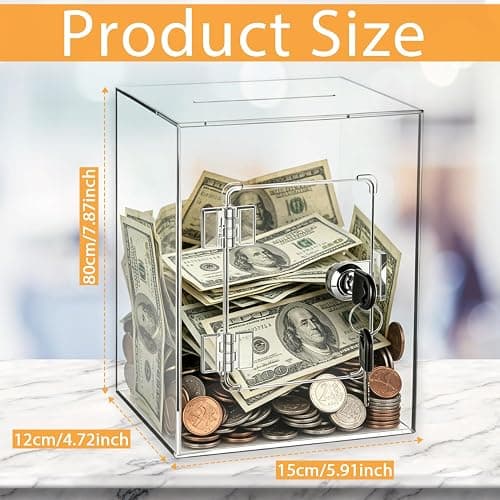 Anvin Acrylic Piggy Bank with Key - Clear Money Saving Bank for Adults & Kids - Secure Lock & Reusable Visual Goal Tracker - Modern Transparent Coin Jar thumbnail 3