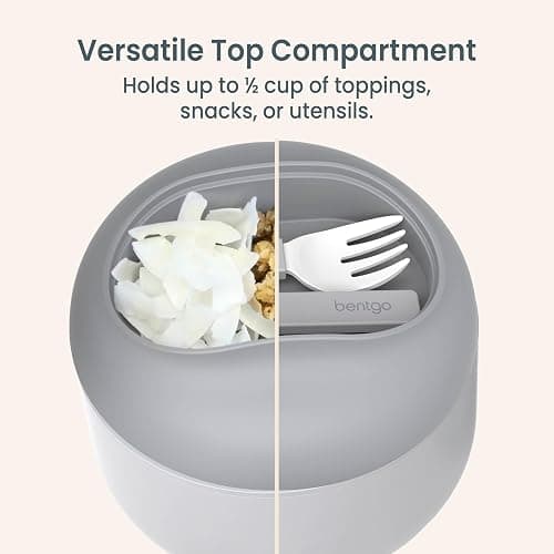 Bentgo Bowl - Insulated Leak-Resistant Bowl with Snack Compartment, Collapsible Utensils and Improved Easy-Grip Design for On-the-Go - Holds Soup, Rice, Cereal & More - BPA-Free, 21.2 oz (Gray) thumbnail 7