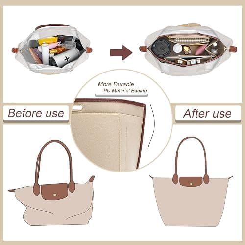 DOIAPUOS Felt Purse Organizer Insert for Longchamp Le Pliage L Bag Handbag Leather edge Longchamp Organizer Insert (Beige, Large) thumbnail 3