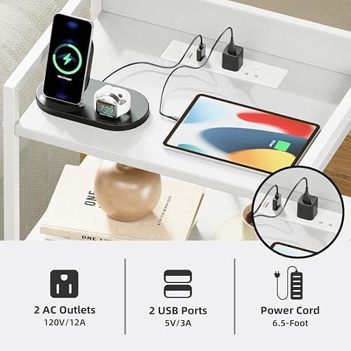 Somdot White Nightstand with Charging Station and LED Light for Bedroom, Tall 3 Drawers Dresser with Fabric Bins for Bedside Kids Dorm Room Closet Laundry Entryway, White Leather - White Leather - 11"D x 15.8"W x 33.5"H (3 Drawers) thumbnail 5