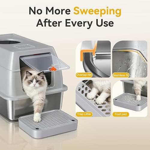 Tevila XL Enclosed Stainless Steel Litter Box with Lid, Light Gray | covered, High Sided, Rustproof & Leak Proof, Easy Clean, Odor Control, Includes Scoop & Step thumbnail 5