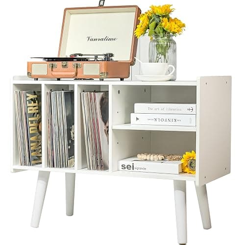 Record Player Stand with Vinyl Storage Holds Up to 300lb, Large Record Player Table Cabinet for Album Storage with Holder Vinyl Display Shelf, Wood Turntable Stand for Bedroom Living Room (White) - Image 1