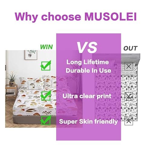 MUSOLEI Mushroom Bedding Set, Full, 3Pc, Deep Pocket, Cottagecore, for Kids, 03, Polyester Microfiber, Breathable, Fade Resistant, 54x75in, Includes Fitted Sheet & 2 Pillowcases thumbnail 7