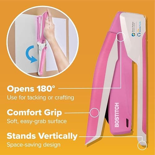 Bostitch Office InPower Spring-Powered Desktop Stapler, 20 Sheet Capacity, One Finger Stapling, Includes 210 Staples, Jam Free, Opens for Tacking, Breast Cancer Awareness Pink thumbnail 8