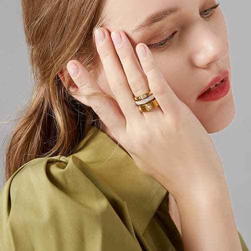 YIKOXI Love Friendship Gold Rings Set for Women 18K Gold Plated Titanium Steel Dainty Cubic Zirconia Rings Fashion Stacking Bands Valentines Day Mother's Day Christmas Day Best Gifts thumbnail 6