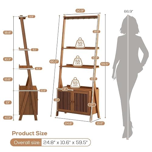 Bookcase with Drawers, 4-Tier Bamboo Bookshelf Ladder Shelf with 6 Hooks, Tall Narrow Retro Book Shelf, 24.8"L x 10.6"W x 59.5"H, Standing Storage Organizer for Living Room, Office, Bedroom, Walnut thumbnail 2