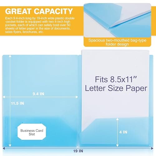 Zzrywuty Plastic Folders with Pockets (6 Pack,Assorted Colors) Durable Heavy Duty File Folders with Business Card Slot,2-Pocket Folder Letter Size,Holds 100 Plus Sheets for School,Office,Business thumbnail 5