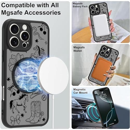 MOWIME Magnetic for iPhone 16 Pro Max case [Compatible with MagSafe] Cute Western Cowboy Floral Translucent Matte Hard Back Shockproof Anti-Scratch Phone Case-Black thumbnail 4